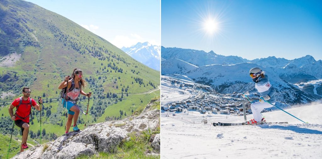 Couple de randonneurs en été et skieuse en hiver